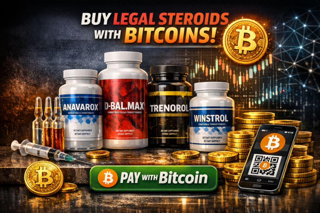 Promotional display of pharmaceutical-grade legal steroid supplements, Bitcoin coins, and digital payment graphics, illustrating the ability to Buy Legal Steroids with Bitcoins through secure, anonymous cryptocurrency transactions, offering private purchasing, faster shipping, and access to authentic performance products.